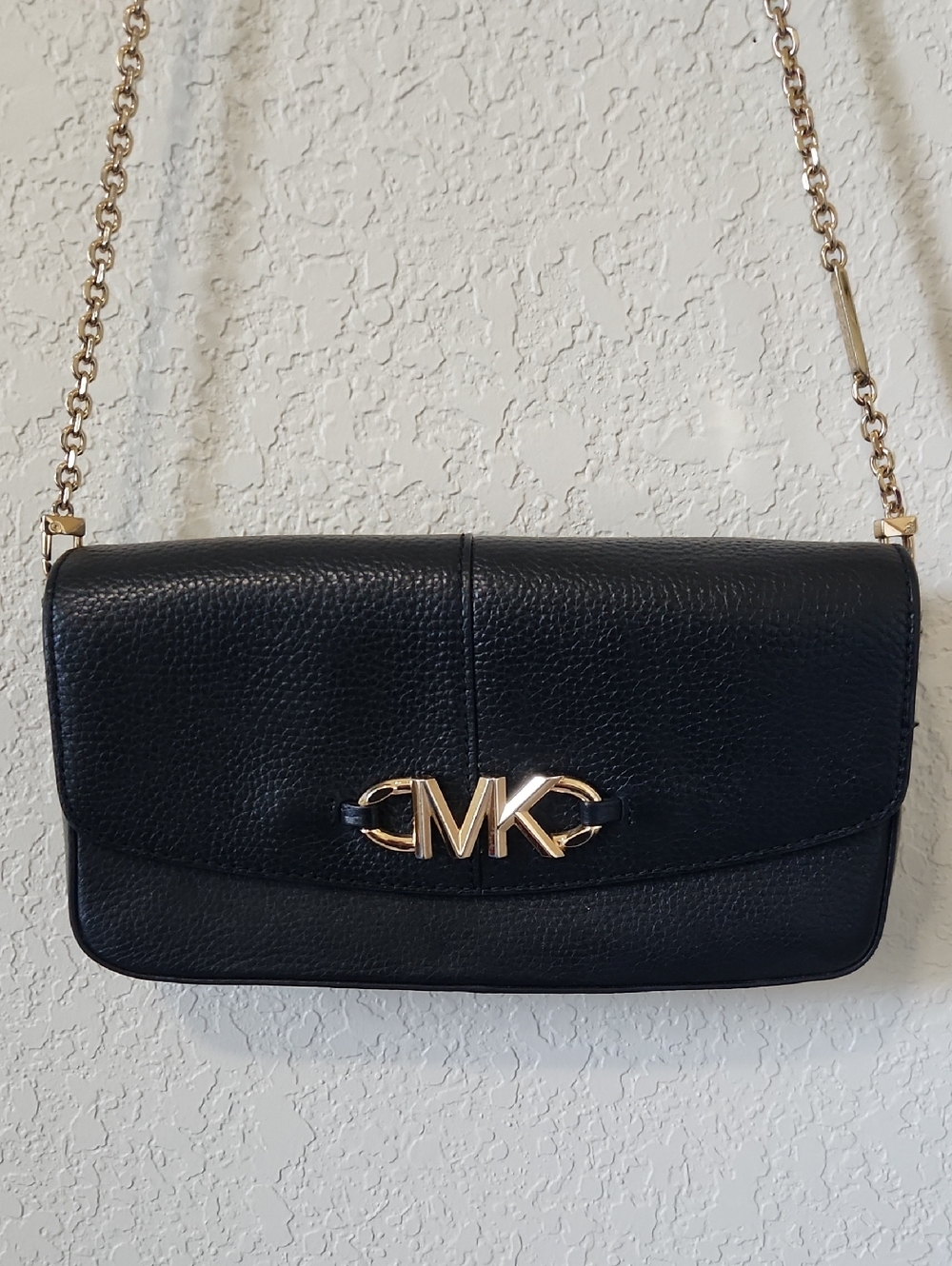 Michael Kors Black Leather Crossbody with Gold MK Chain Accent